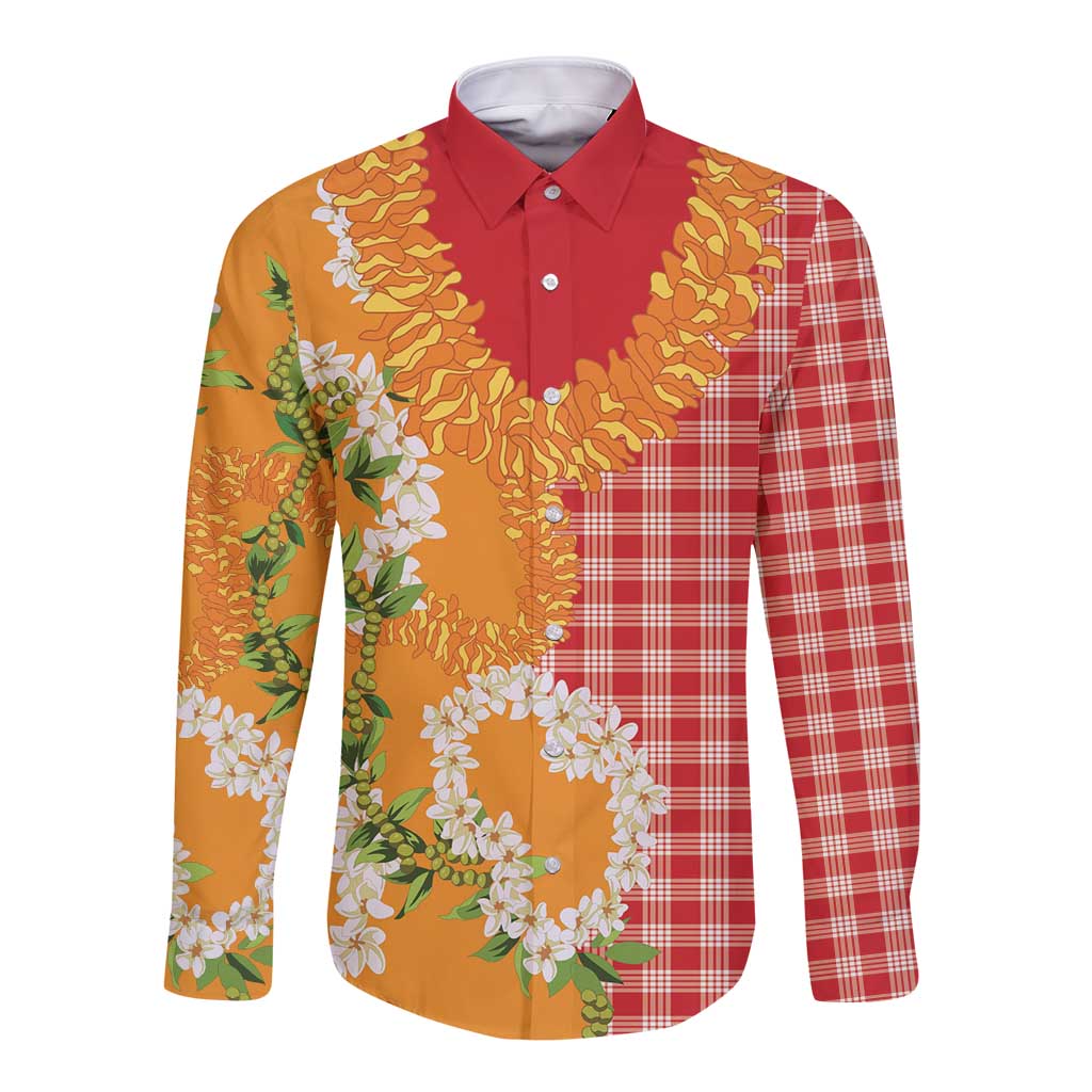 Prince Kuhio Aloha Hawaii Long Sleeve Button Shirt Plumeria Ilima Lei Palaka Motifs LT14 Unisex Red - Polynesian Pride