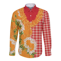 Prince Kuhio Aloha Hawaii Long Sleeve Button Shirt Plumeria Ilima Lei Palaka Motifs LT14 Unisex Red - Polynesian Pride