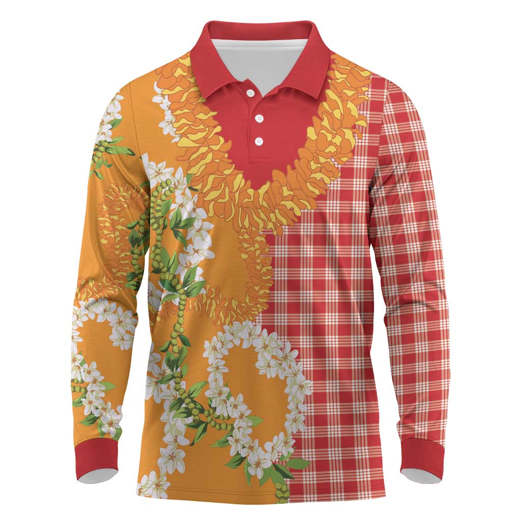 Prince Kuhio Aloha Hawaii Long Sleeve Polo Shirt Plumeria Ilima Lei Palaka Motifs