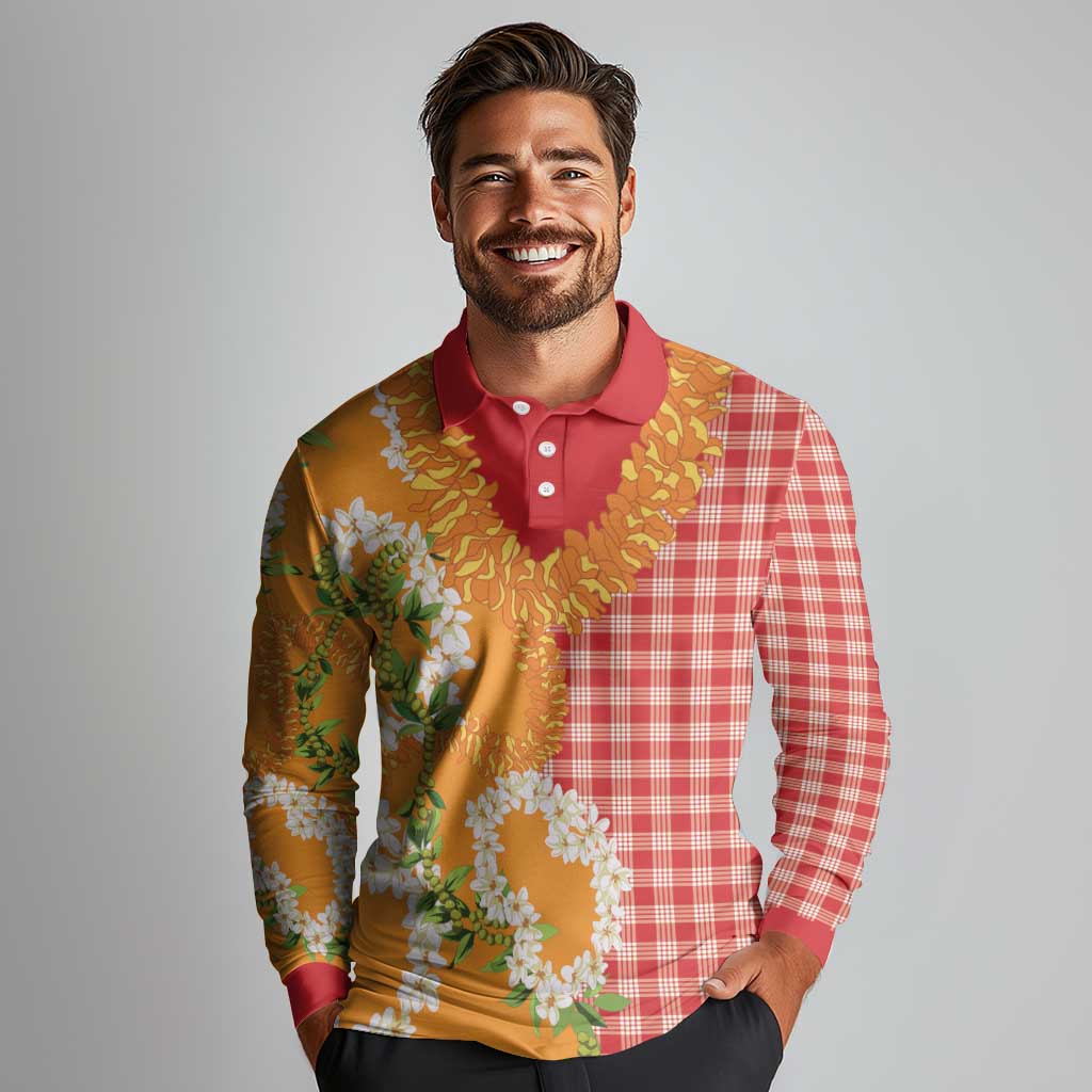 Prince Kuhio Aloha Hawaii Long Sleeve Polo Shirt Plumeria Ilima Lei Palaka Motifs