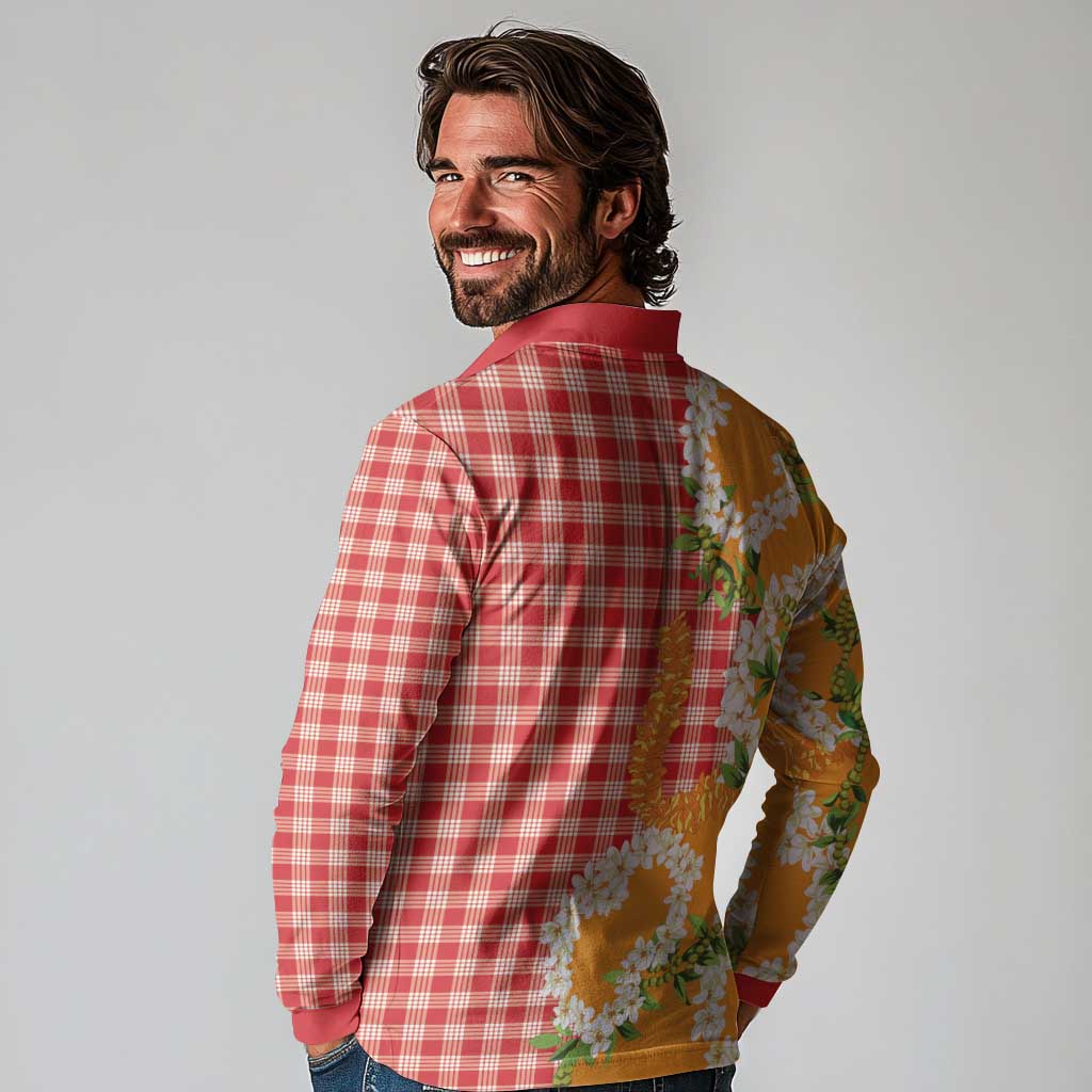 Prince Kuhio Aloha Hawaii Long Sleeve Polo Shirt Plumeria Ilima Lei Palaka Motifs