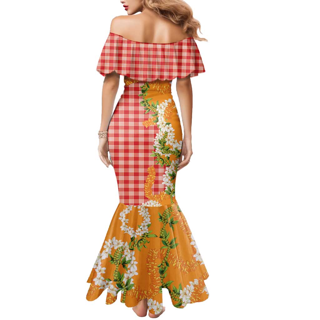 Prince Kuhio Aloha Hawaii Mermaid Dress Plumeria Ilima Lei Palaka Motifs