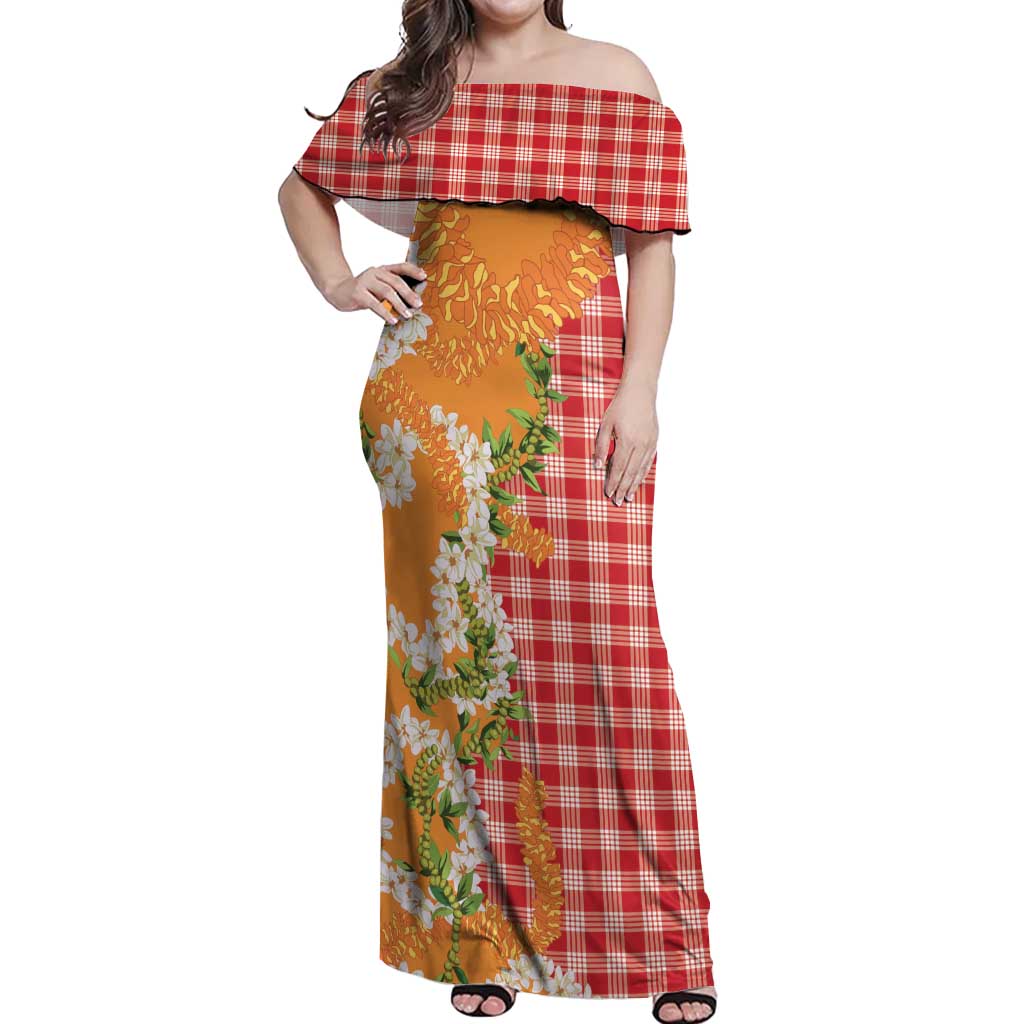 Prince Kuhio Aloha Hawaii Off Shoulder Maxi Dress Plumeria Ilima Lei Palaka Motifs