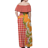 Prince Kuhio Aloha Hawaii Off Shoulder Maxi Dress Plumeria Ilima Lei Palaka Motifs