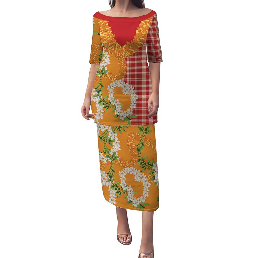 Prince Kuhio Aloha Hawaii Puletasi Plumeria Ilima Lei Palaka Motifs LT14 Long Dress Red - Polynesian Pride