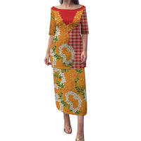 Prince Kuhio Aloha Hawaii Puletasi Plumeria Ilima Lei Palaka Motifs LT14 Long Dress Red - Polynesian Pride