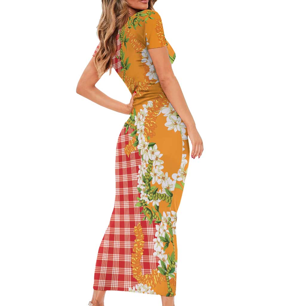 Prince Kuhio Aloha Hawaii Short Sleeve Bodycon Dress Plumeria Ilima Lei Palaka Motifs