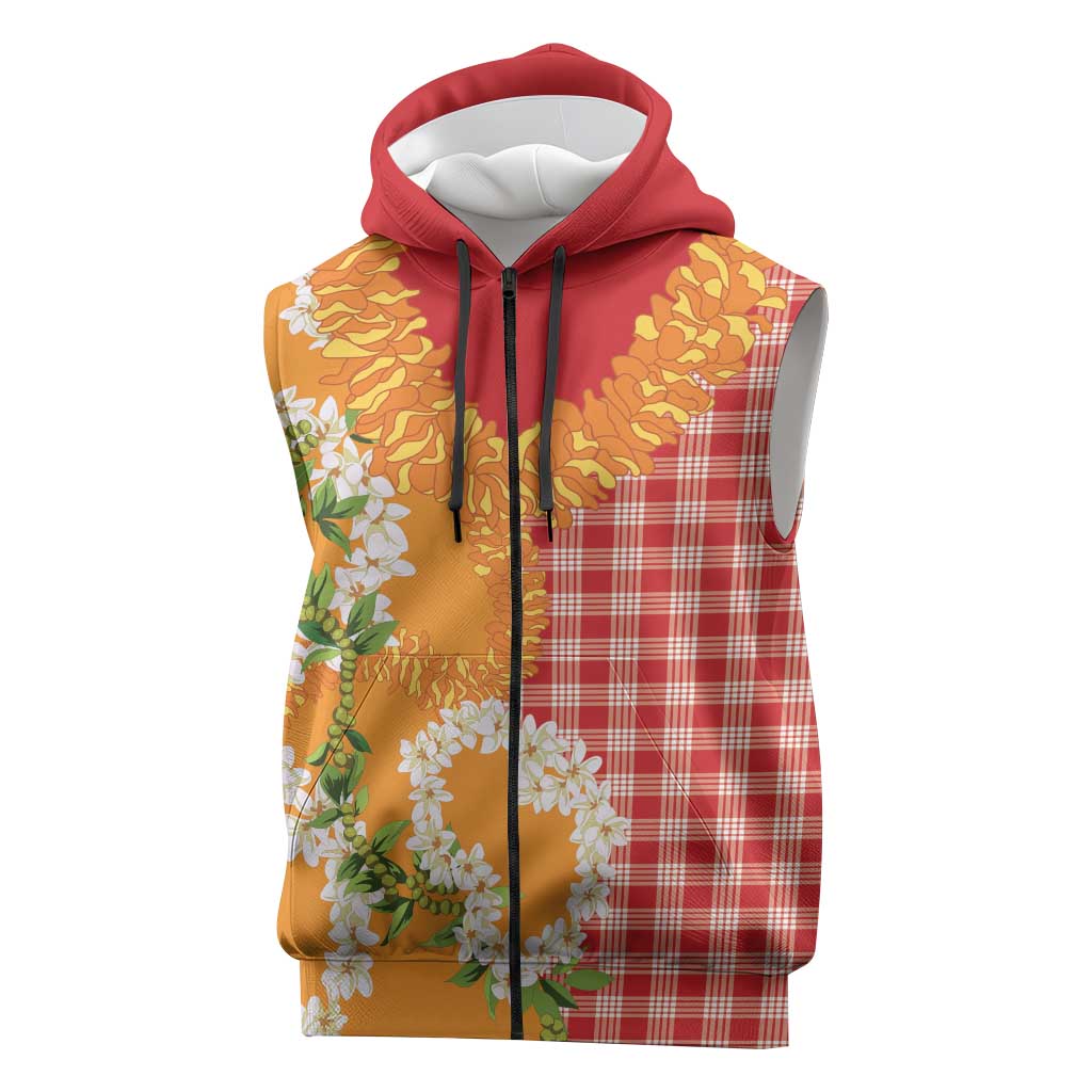Prince Kuhio Aloha Hawaii Sleeveless Zip Hoodie Plumeria Ilima Lei Palaka Motifs