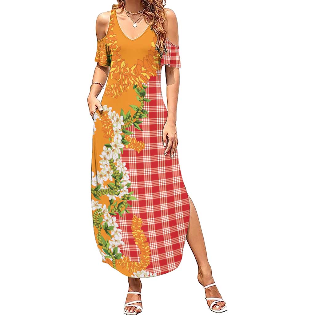 Prince Kuhio Aloha Hawaii Summer Maxi Dress Plumeria Ilima Lei Palaka Motifs