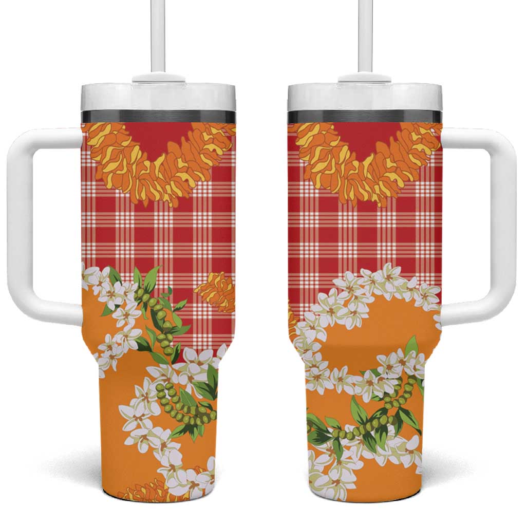 Prince Kuhio Aloha Hawaii Tumbler With Handle Plumeria Ilima Lei Palaka Motifs