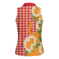 Prince Kuhio Aloha Hawaii Women Sleeveless Polo Shirt Plumeria Ilima Lei Palaka Motifs
