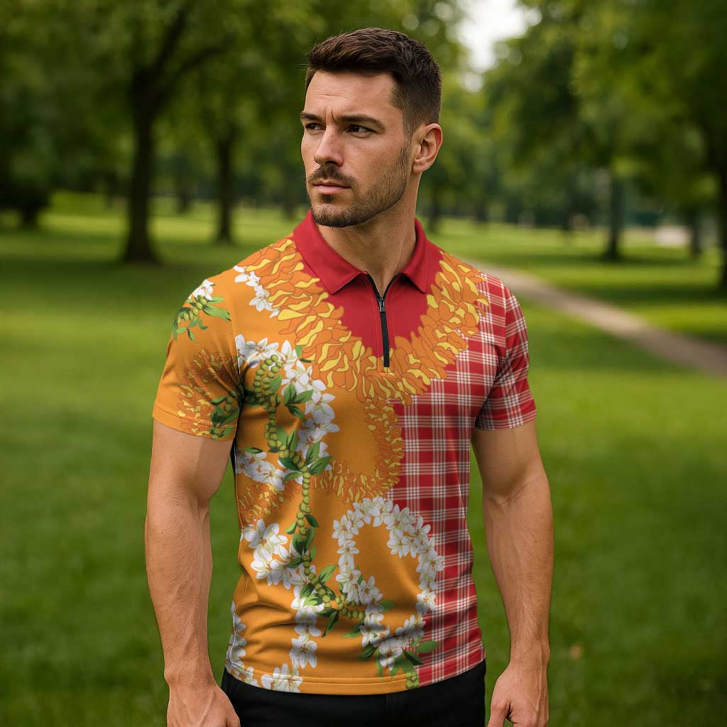 Prince Kuhio Aloha Hawaii Zipper Polo Shirt Plumeria Ilima Lei Palaka Motifs