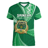 Personalised Tonga Saineha High School Women V Neck T Shirt Class Of Year Tongan Ngatu Pattern LT14 Female Green - Polynesian Pride
