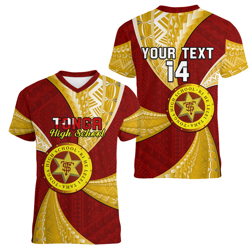 Personalised Tonga High School Women V Neck T Shirt Tongan Ngatu Pattern LT14 - Polynesian Pride