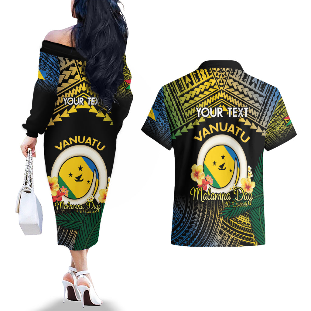 Personalised Malampa Day Couples Matching Off The Shoulder Long Sleeve Dress and Hawaiian Shirt Vanuatu Provinces Polynesian Pattern