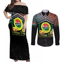 Personalised Penama Day Couples Matching Off Shoulder Maxi Dress and Long Sleeve Button Shirt Vanuatu Provinces Polynesian Pattern LT14 Black - Polynesian Pride