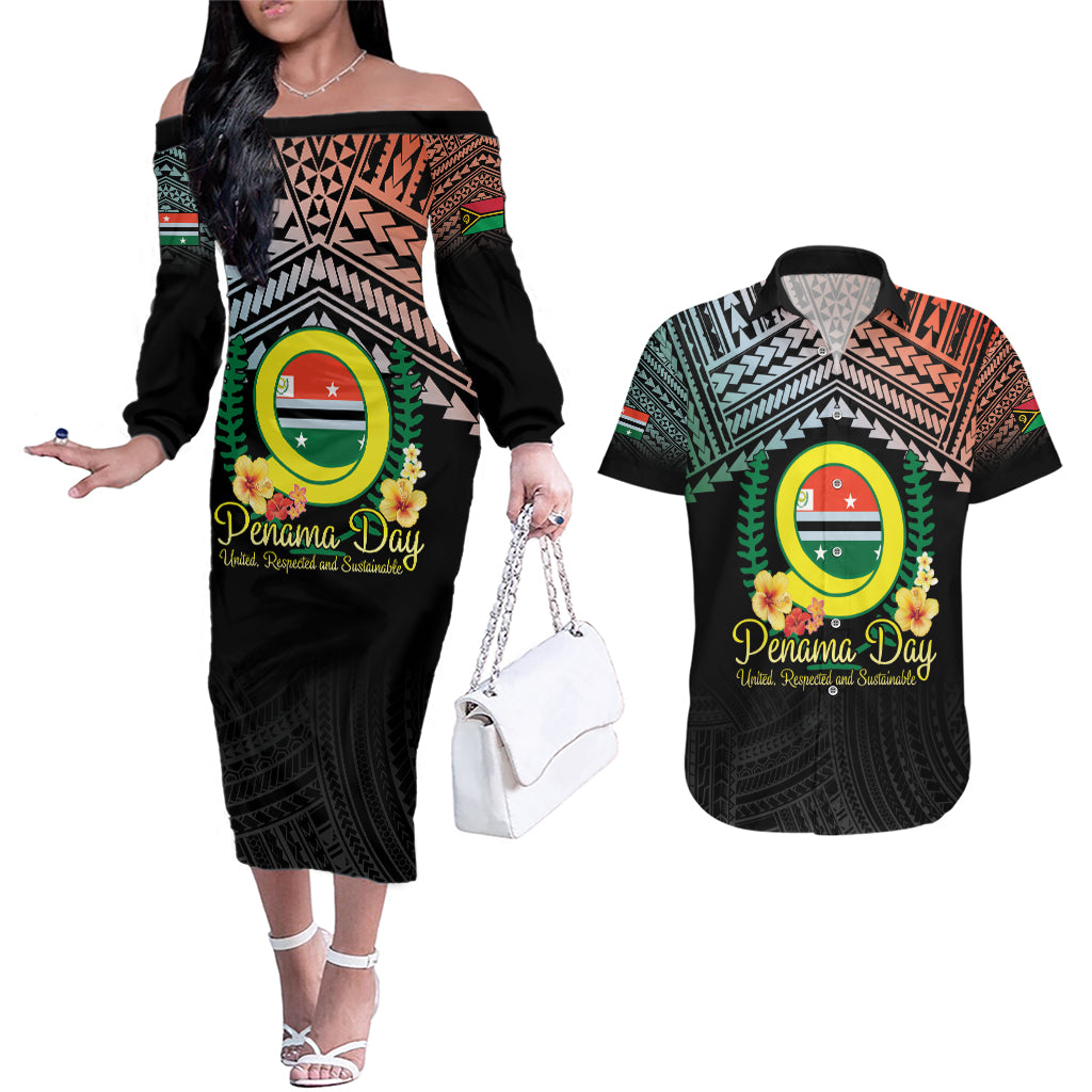 Personalised Penama Day Couples Matching Off The Shoulder Long Sleeve Dress and Hawaiian Shirt Vanuatu Provinces Polynesian Pattern