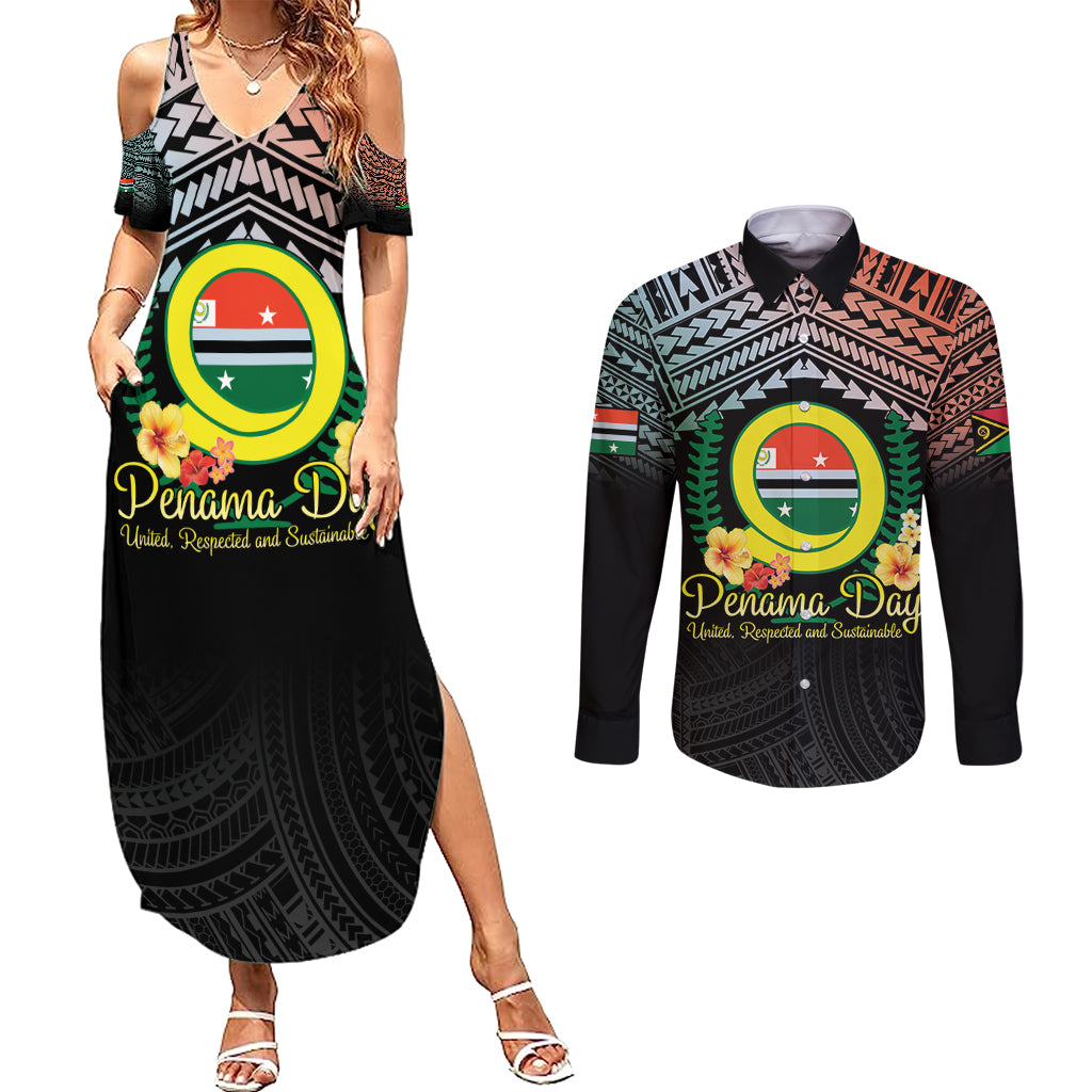 Personalised Penama Day Couples Matching Summer Maxi Dress and Long Sleeve Button Shirt Vanuatu Provinces Polynesian Pattern LT14 Black - Polynesian Pride