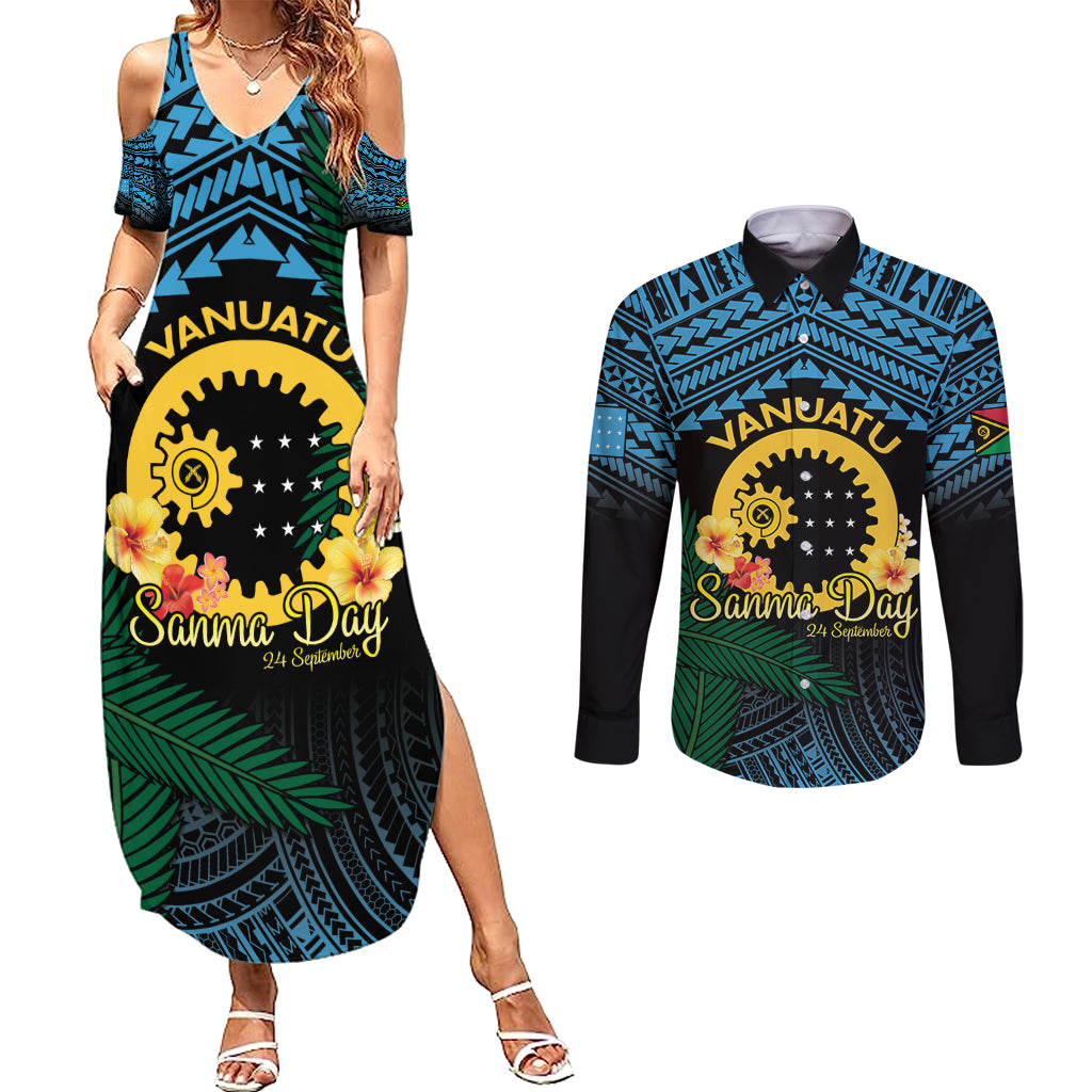 Personalised Sanma Day Couples Matching Summer Maxi Dress and Long Sleeve Button Shirt Vanuatu Provinces Polynesian Pattern LT14 Black - Polynesian Pride