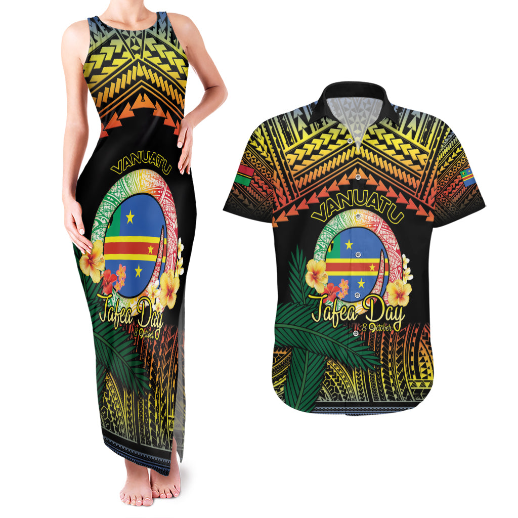 Personalised Tafea Day Couples Matching Tank Maxi Dress and Hawaiian Shirt Vanuatu Provinces Polynesian Pattern LT14 Black - Polynesian Pride