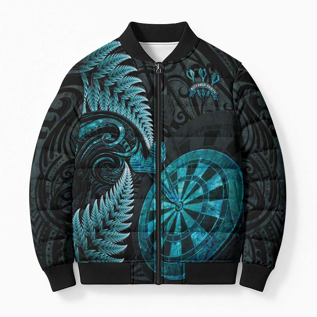 Personalised New Zealand Darts Bomber Puffer Jacket Happiness Is A Tight Threesome Maori Paua Shell - Polynesian Pride