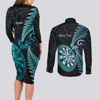 Personalised New Zealand Darts Couples Matching Long Sleeve Bodycon Dress and Long Sleeve Button Shirt Happiness Is A Tight Threesome Maori Paua Shell