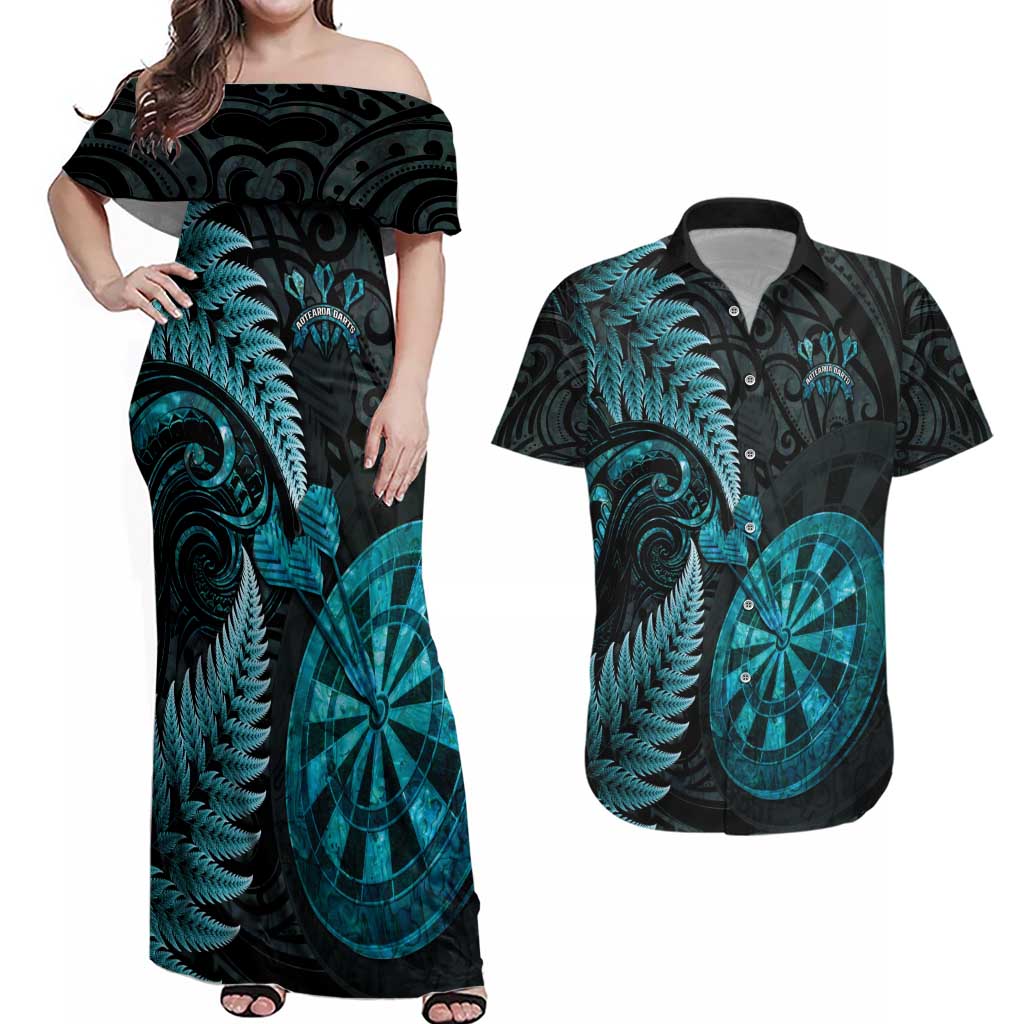 Personalised New Zealand Darts Couples Matching Off Shoulder Maxi Dress and Hawaiian Shirt Happiness Is A Tight Threesome Maori Paua Shell