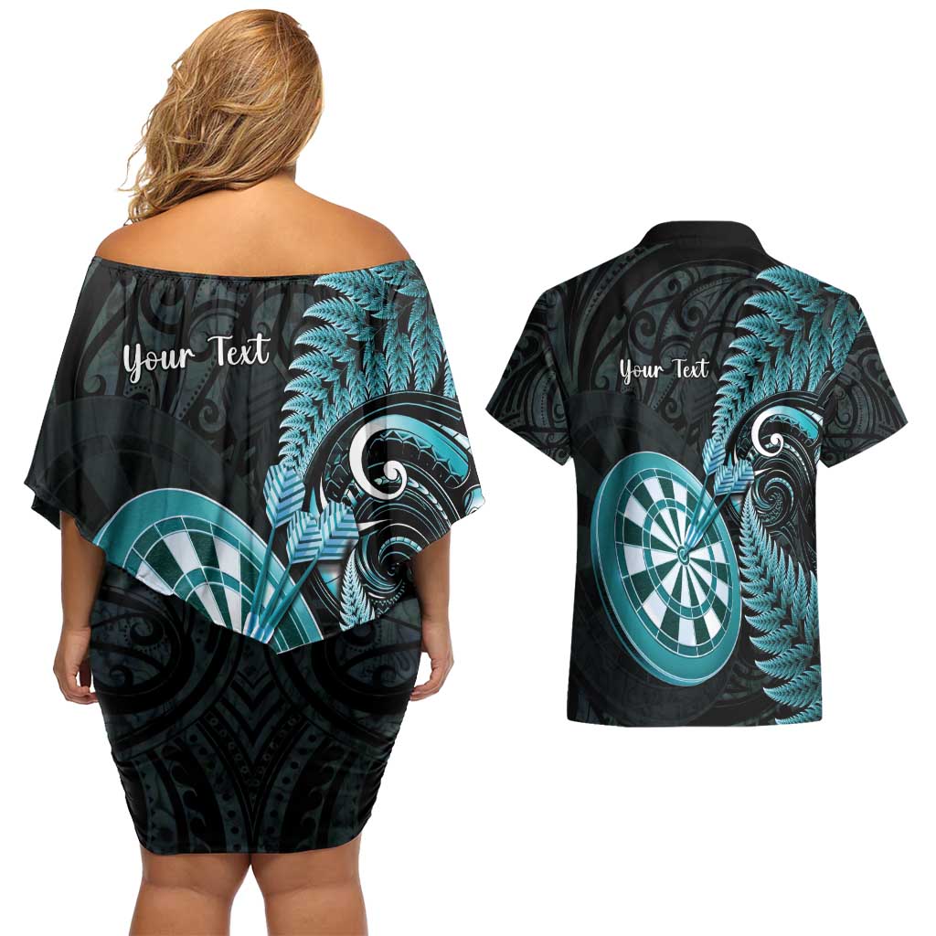 Personalised New Zealand Darts Couples Matching Off Shoulder Short Dress and Hawaiian Shirt Happiness Is A Tight Threesome Maori Paua Shell