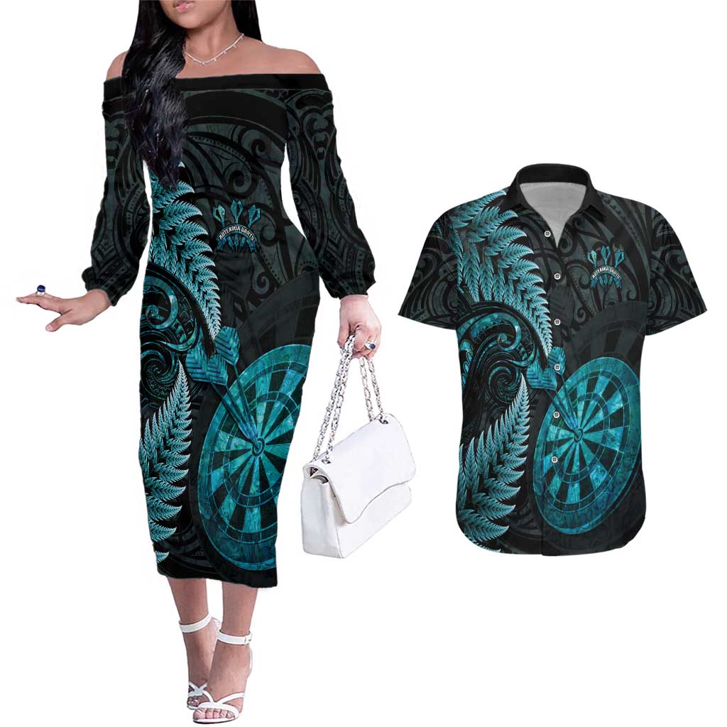 Personalised New Zealand Darts Couples Matching Off The Shoulder Long Sleeve Dress and Hawaiian Shirt Happiness Is A Tight Threesome Maori Paua Shell
