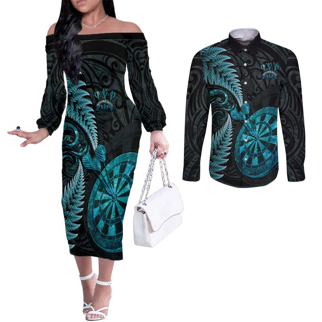 Personalised New Zealand Darts Couples Matching Off The Shoulder Long Sleeve Dress and Long Sleeve Button Shirt Happiness Is A Tight Threesome Maori Paua Shell