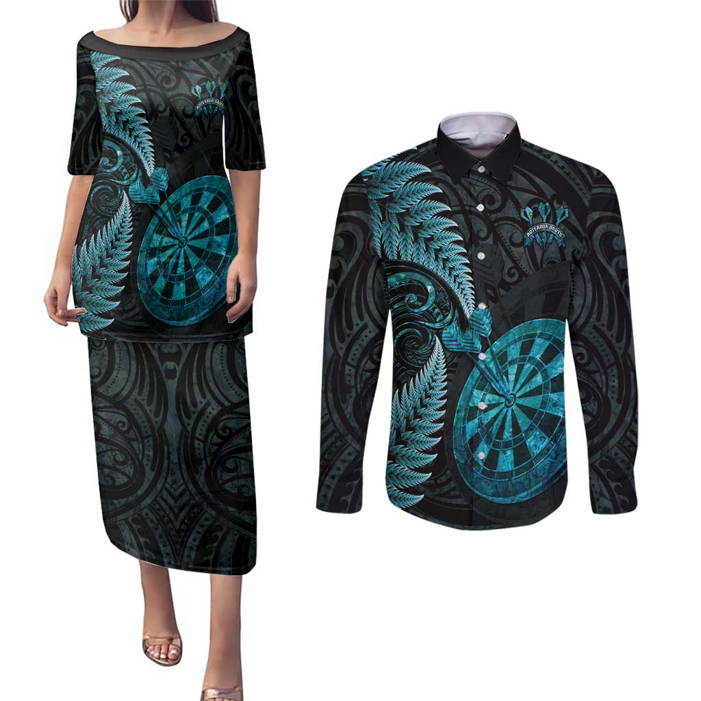Personalised New Zealand Darts Couples Matching Puletasi and Long Sleeve Button Shirt Happiness Is A Tight Threesome Maori Paua Shell