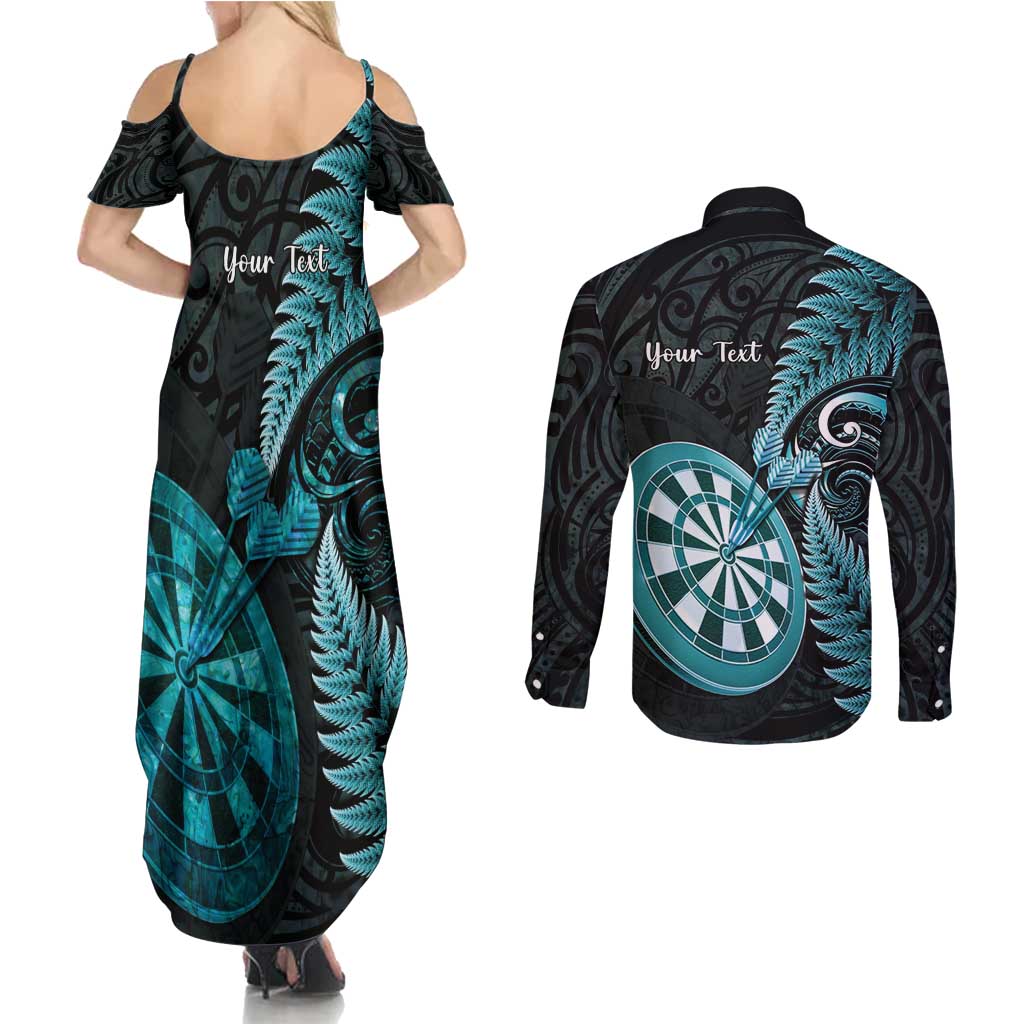 Personalised New Zealand Darts Couples Matching Summer Maxi Dress and Long Sleeve Button Shirt Happiness Is A Tight Threesome Maori Paua Shell