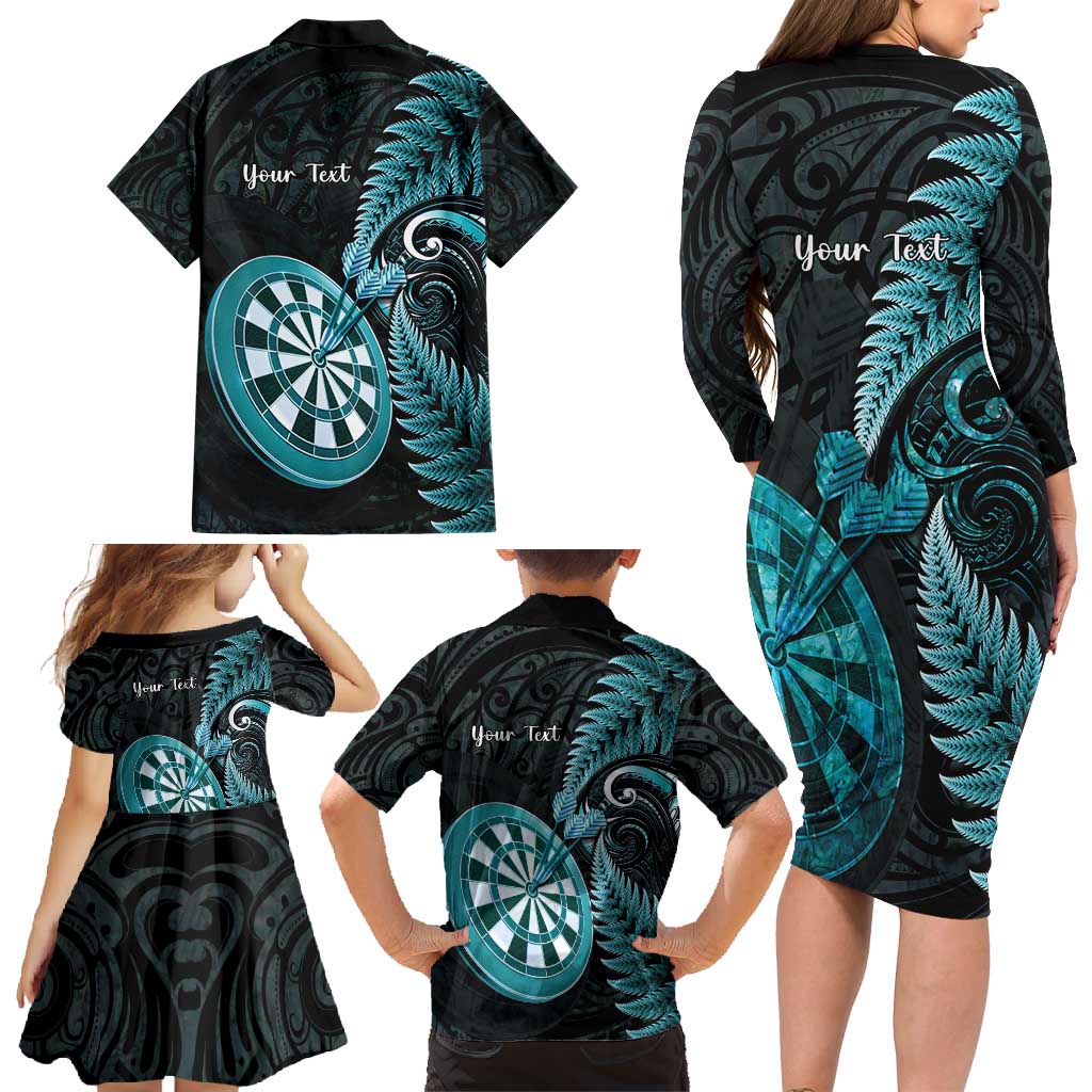 Personalised New Zealand Darts Family Matching Long Sleeve Bodycon Dress and Hawaiian Shirt Happiness Is A Tight Threesome Maori Paua Shell