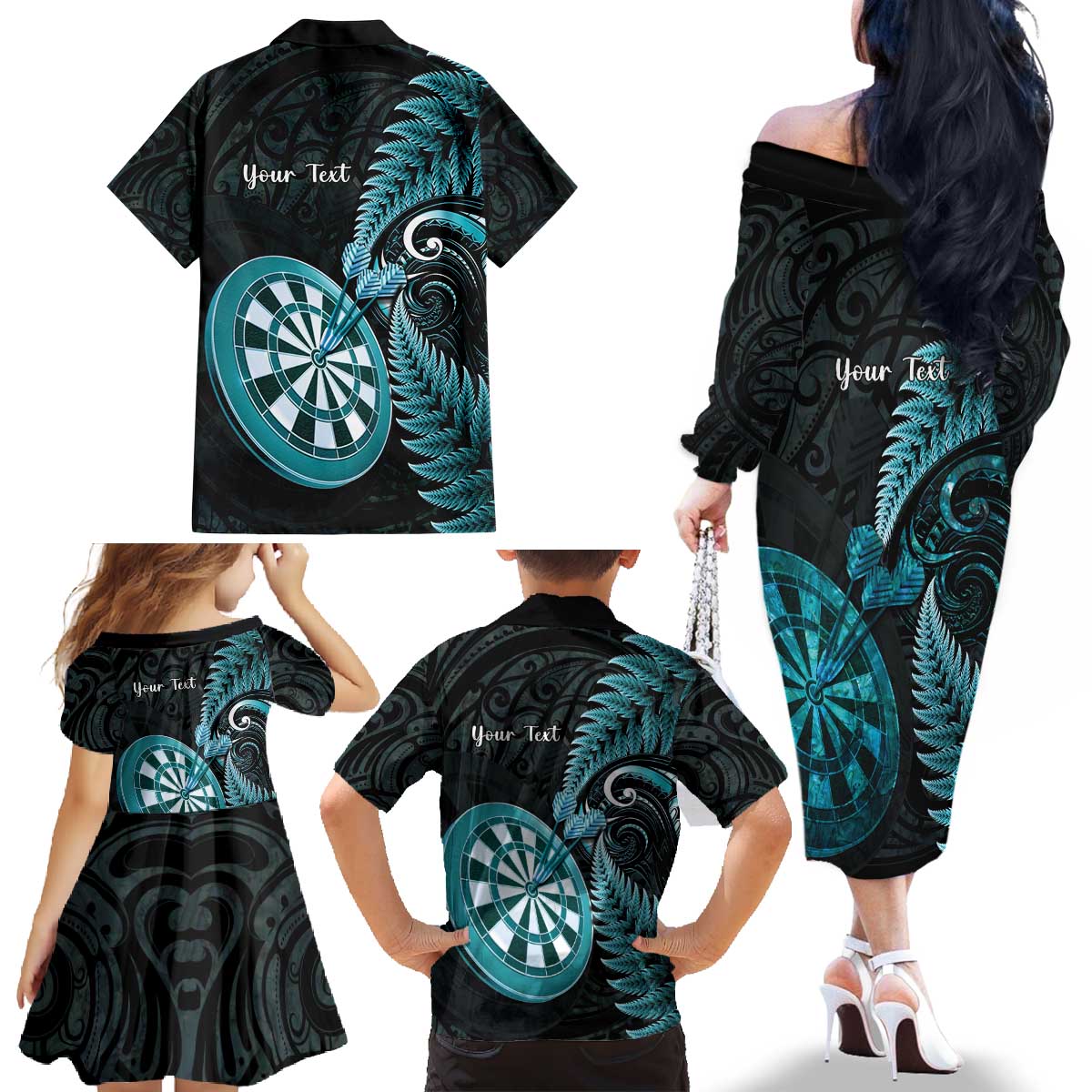 Personalised New Zealand Darts Family Matching Off The Shoulder Long Sleeve Dress and Hawaiian Shirt Happiness Is A Tight Threesome Maori Paua Shell