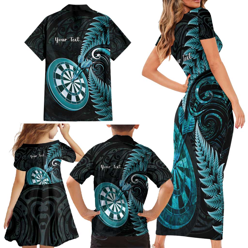 Personalised New Zealand Darts Family Matching Short Sleeve Bodycon Dress and Hawaiian Shirt Happiness Is A Tight Threesome Maori Paua Shell