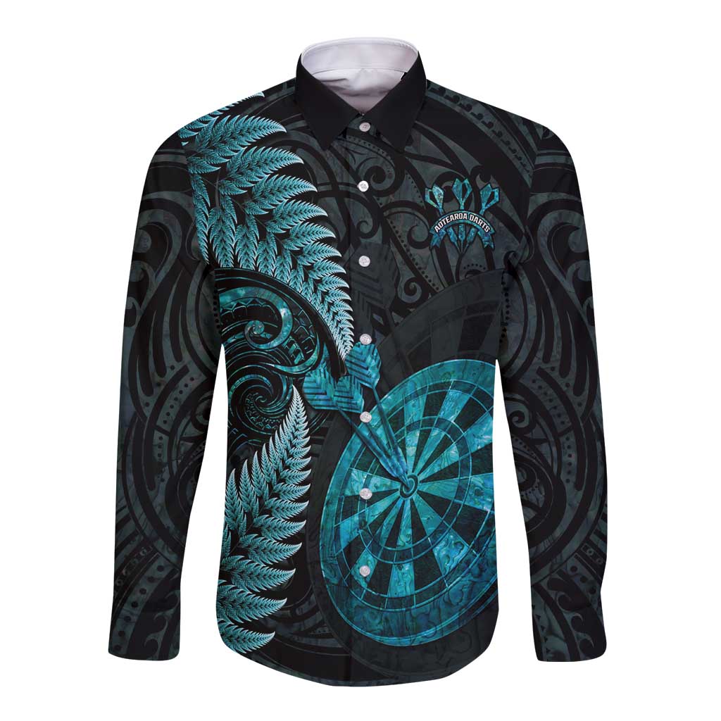 Personalised New Zealand Darts Long Sleeve Button Shirt Happiness Is A Tight Threesome Maori Paua Shell