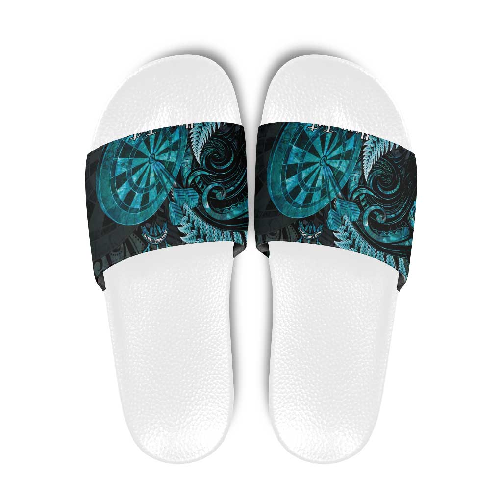 Personalised New Zealand Darts Slide Sandals Happiness Is A Tight Threesome Maori Paua Shell - Polynesian Pride