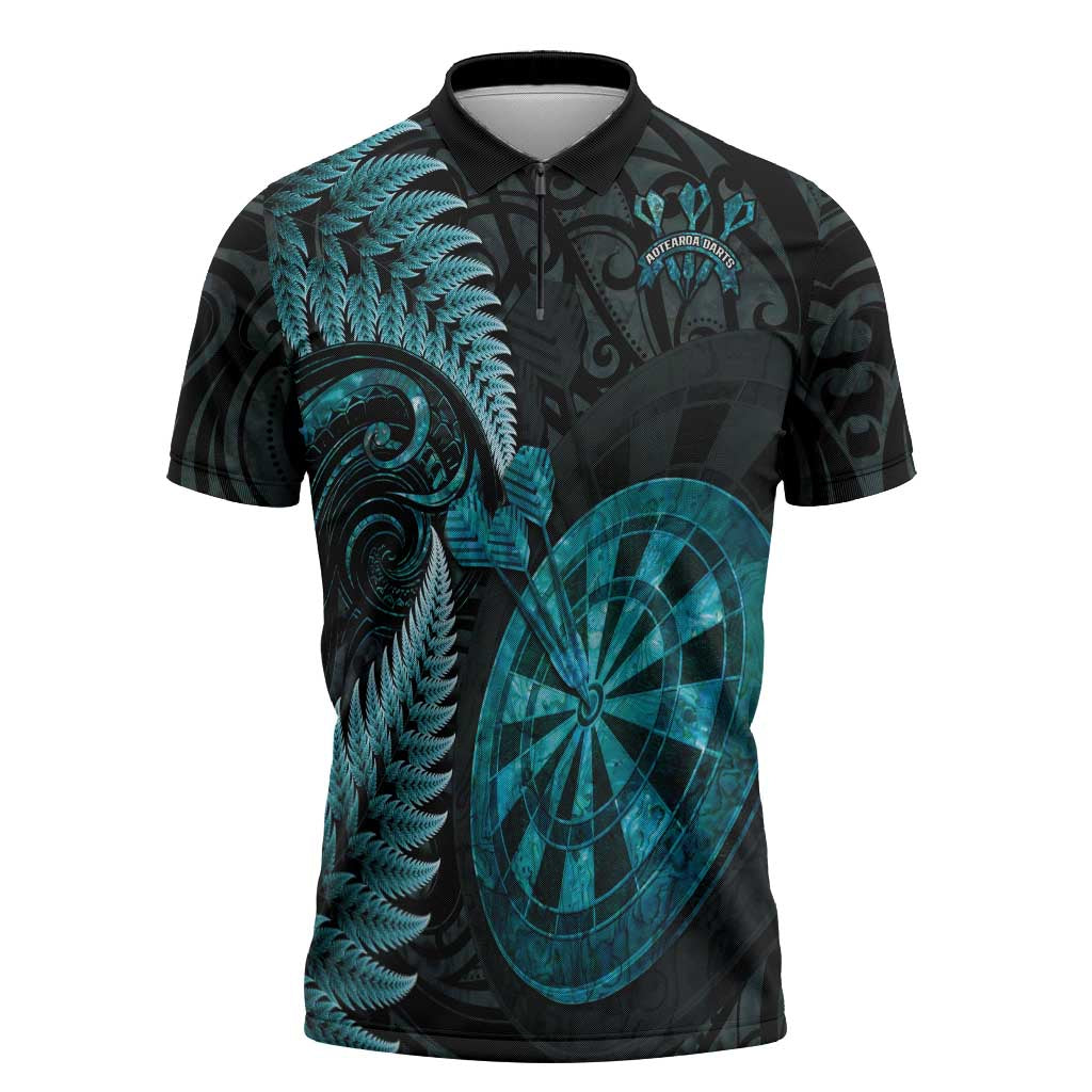 Personalised New Zealand Darts Zipper Polo Shirt Happiness Is A Tight Threesome Maori Paua Shell - Polynesian Pride