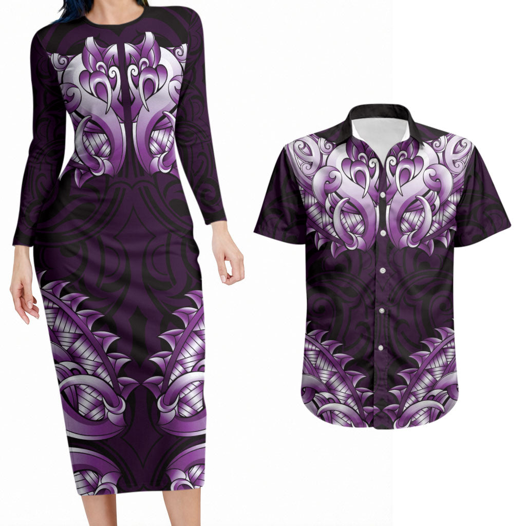 New Zealand Ta Moko Couples Matching Long Sleeve Bodycon Dress and Hawaiian Shirt Aotearoa Maori Chest Tattoo Purple LT14 Purple - Polynesian Pride