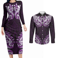 New Zealand Ta Moko Couples Matching Long Sleeve Bodycon Dress and Long Sleeve Button Shirt Aotearoa Maori Chest Tattoo Purple LT14 Purple - Polynesian Pride
