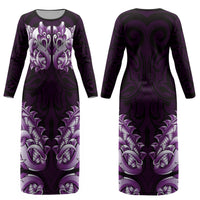 New Zealand Ta Moko Couples Matching Long Sleeve Bodycon Dress and Long Sleeve Button Shirt Aotearoa Maori Chest Tattoo Purple LT14 - Polynesian Pride