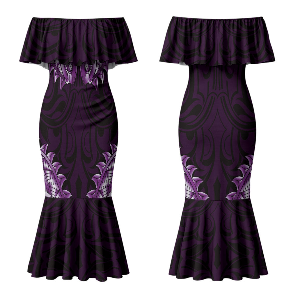 New Zealand Ta Moko Couples Matching Mermaid Dress and Hawaiian Shirt Aotearoa Maori Chest Tattoo Purple LT14 - Polynesian Pride
