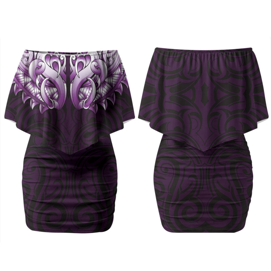 New Zealand Ta Moko Couples Matching Off Shoulder Short Dress and Long Sleeve Button Shirt Aotearoa Maori Chest Tattoo Purple LT14 - Polynesian Pride