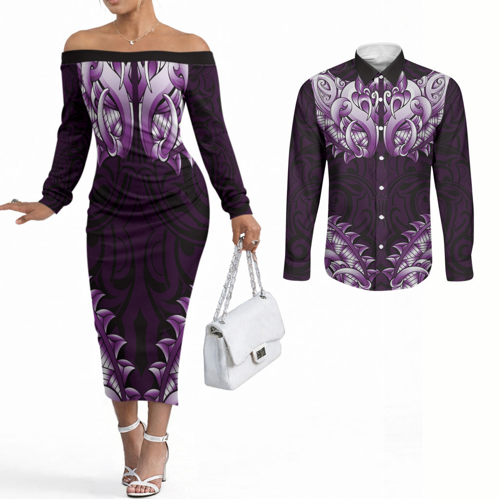 New Zealand Ta Moko Couples Matching Off The Shoulder Long Sleeve Dress and Long Sleeve Button Shirt Aotearoa Maori Chest Tattoo Purple LT14 Purple - Polynesian Pride