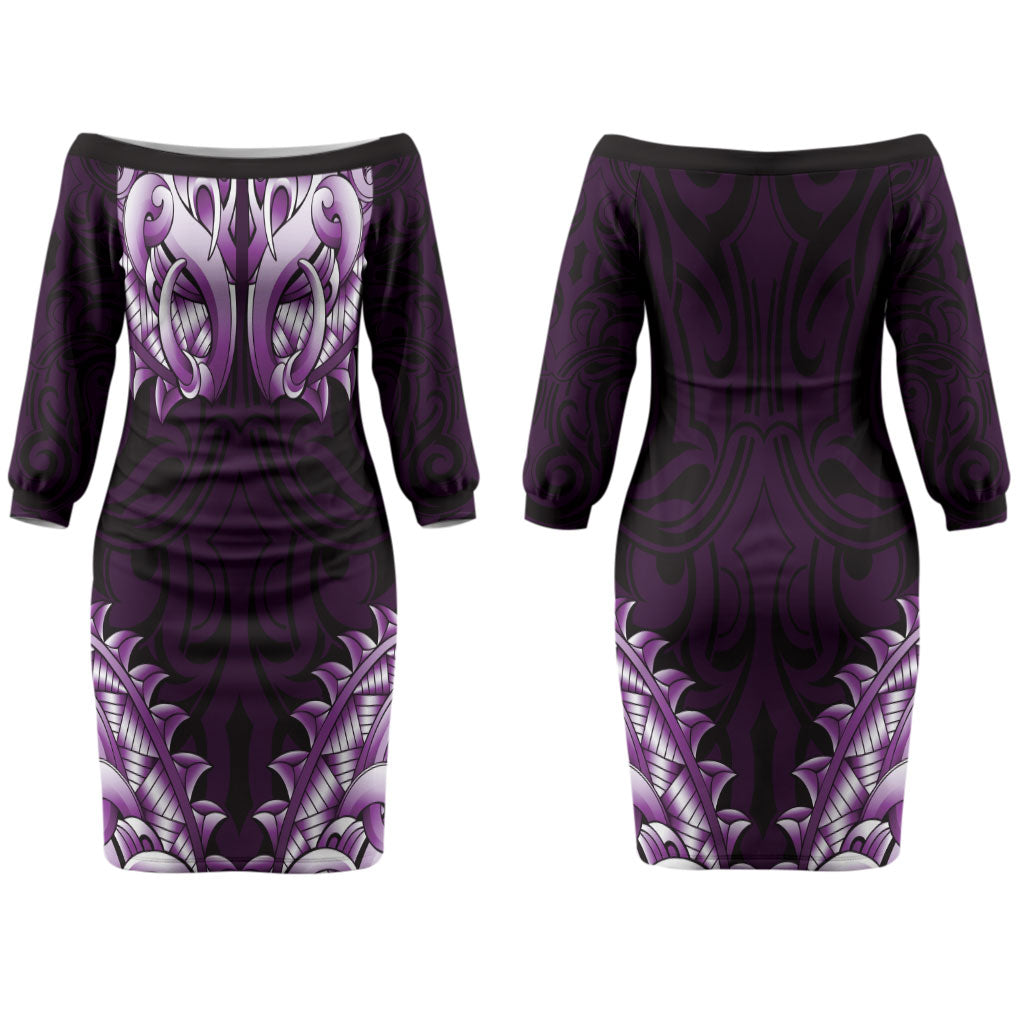 New Zealand Ta Moko Couples Matching Off The Shoulder Long Sleeve Dress and Long Sleeve Button Shirt Aotearoa Maori Chest Tattoo Purple LT14 - Polynesian Pride