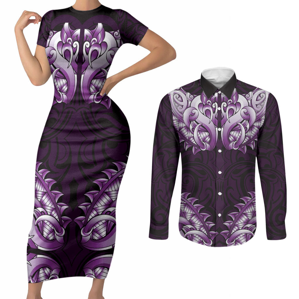 New Zealand Ta Moko Couples Matching Short Sleeve Bodycon Dress and Long Sleeve Button Shirt Aotearoa Maori Chest Tattoo Purple LT14 Purple - Polynesian Pride