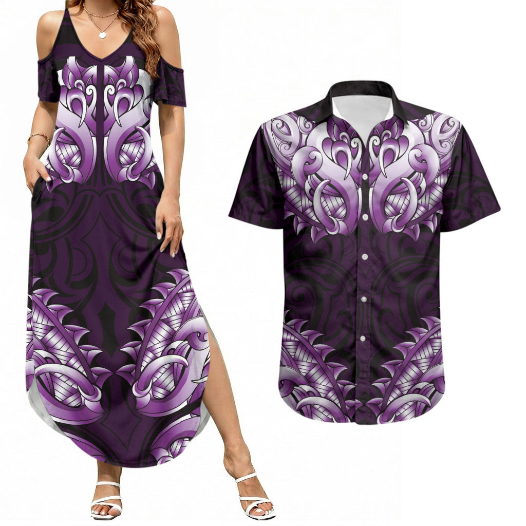 New Zealand Ta Moko Couples Matching Summer Maxi Dress and Hawaiian Shirt Aotearoa Maori Chest Tattoo Purple LT14 Purple - Polynesian Pride