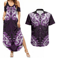 New Zealand Ta Moko Couples Matching Summer Maxi Dress and Hawaiian Shirt Aotearoa Maori Chest Tattoo Purple LT14 Purple - Polynesian Pride