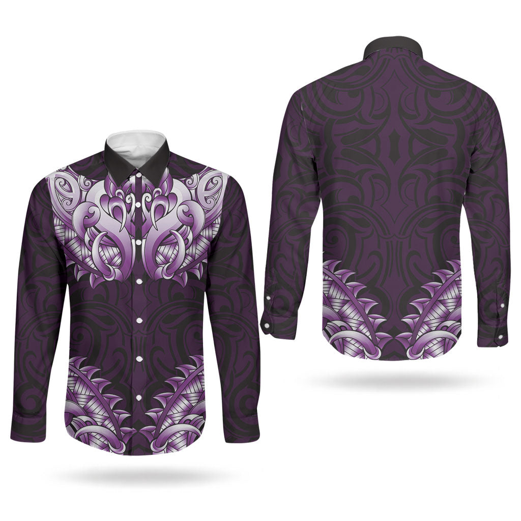 New Zealand Ta Moko Couples Matching Summer Maxi Dress and Long Sleeve Button Shirt Aotearoa Maori Chest Tattoo Purple LT14 - Polynesian Pride