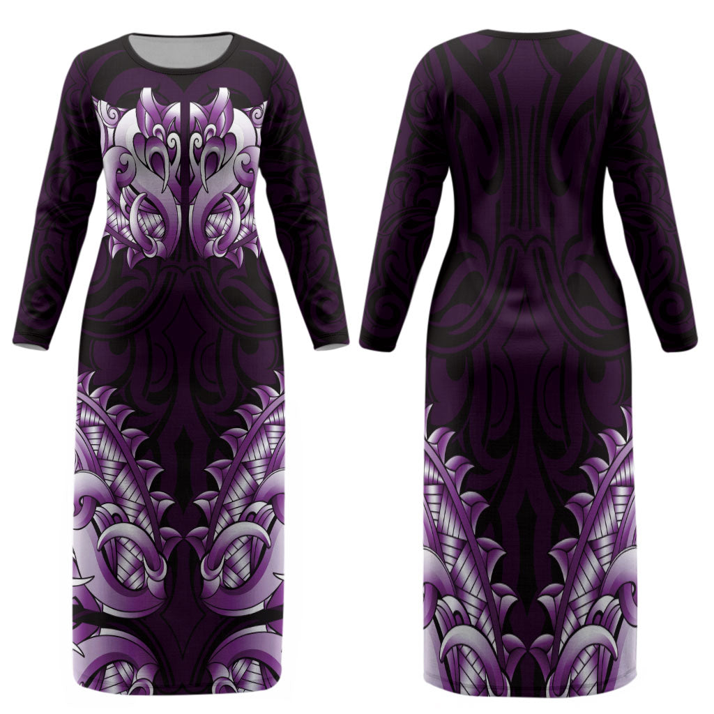 New Zealand Ta Moko Family Matching Long Sleeve Bodycon Dress and Hawaiian Shirt Aotearoa Maori Chest Tattoo Purple LT14 Mom's Dress Purple - Polynesian Pride